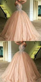 Luxury Ball Gown Champagne Tulle Dazzling Top Plunge V neck Prom Dress GDC1188-Dolly Gown